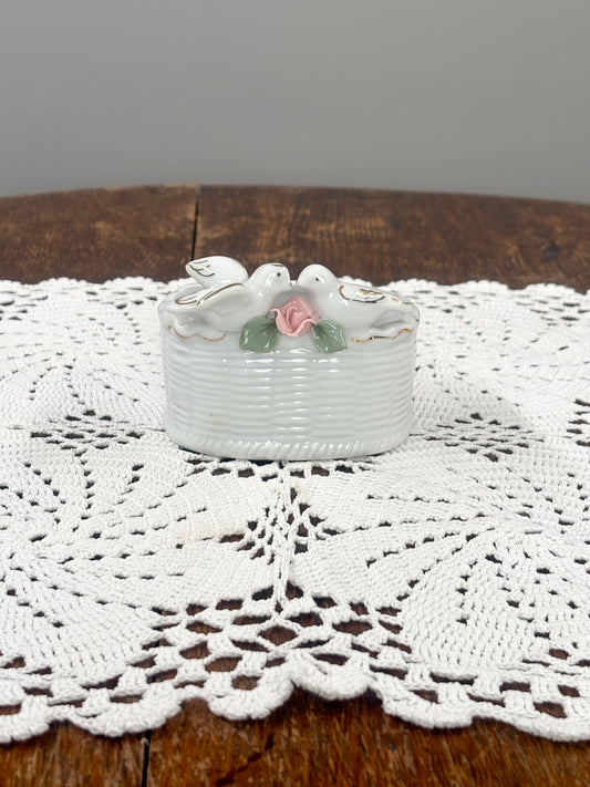 Porcelain trinket holder basket with doves and gold detailing