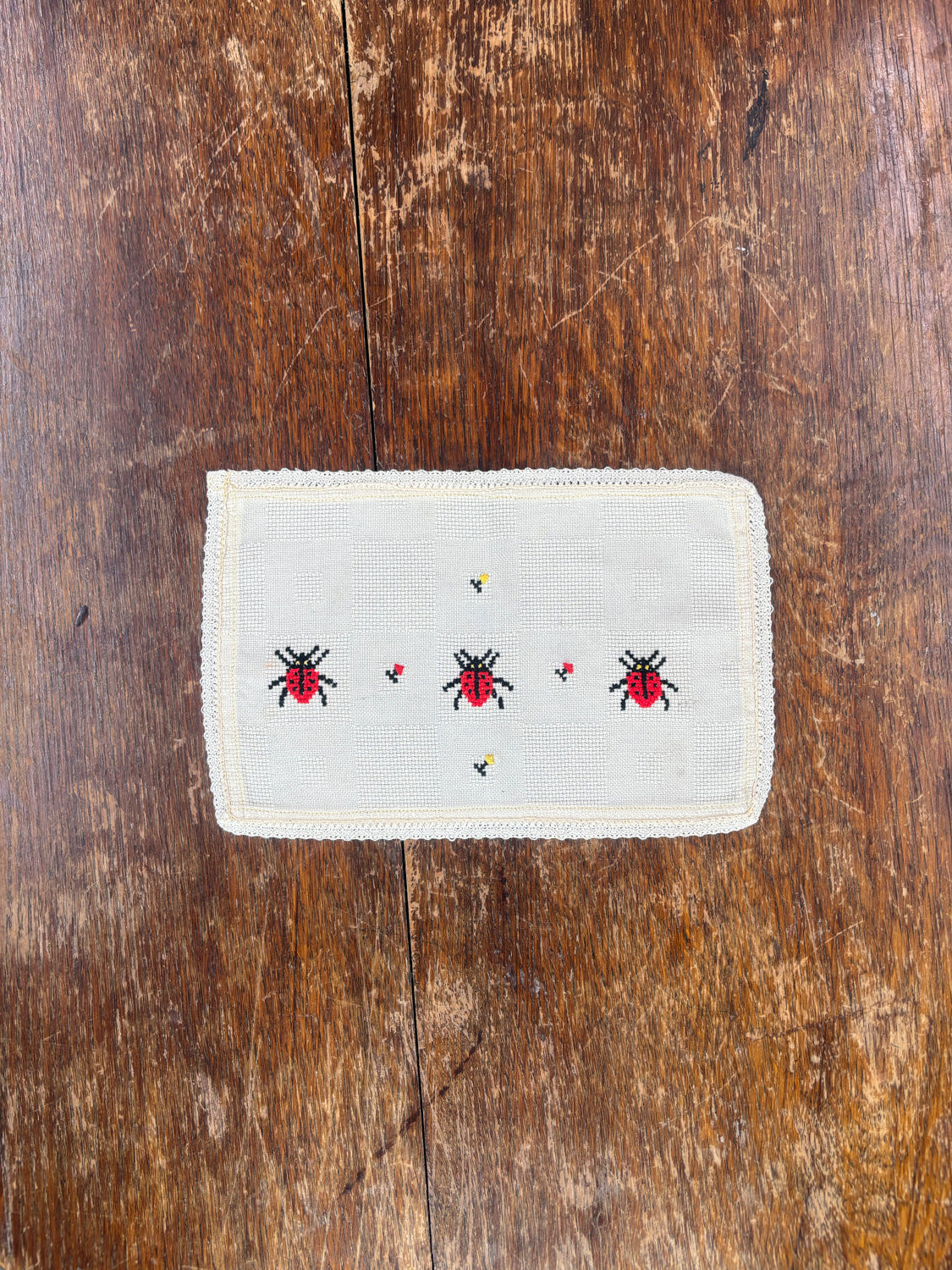 Embroidery ladybug linen doily