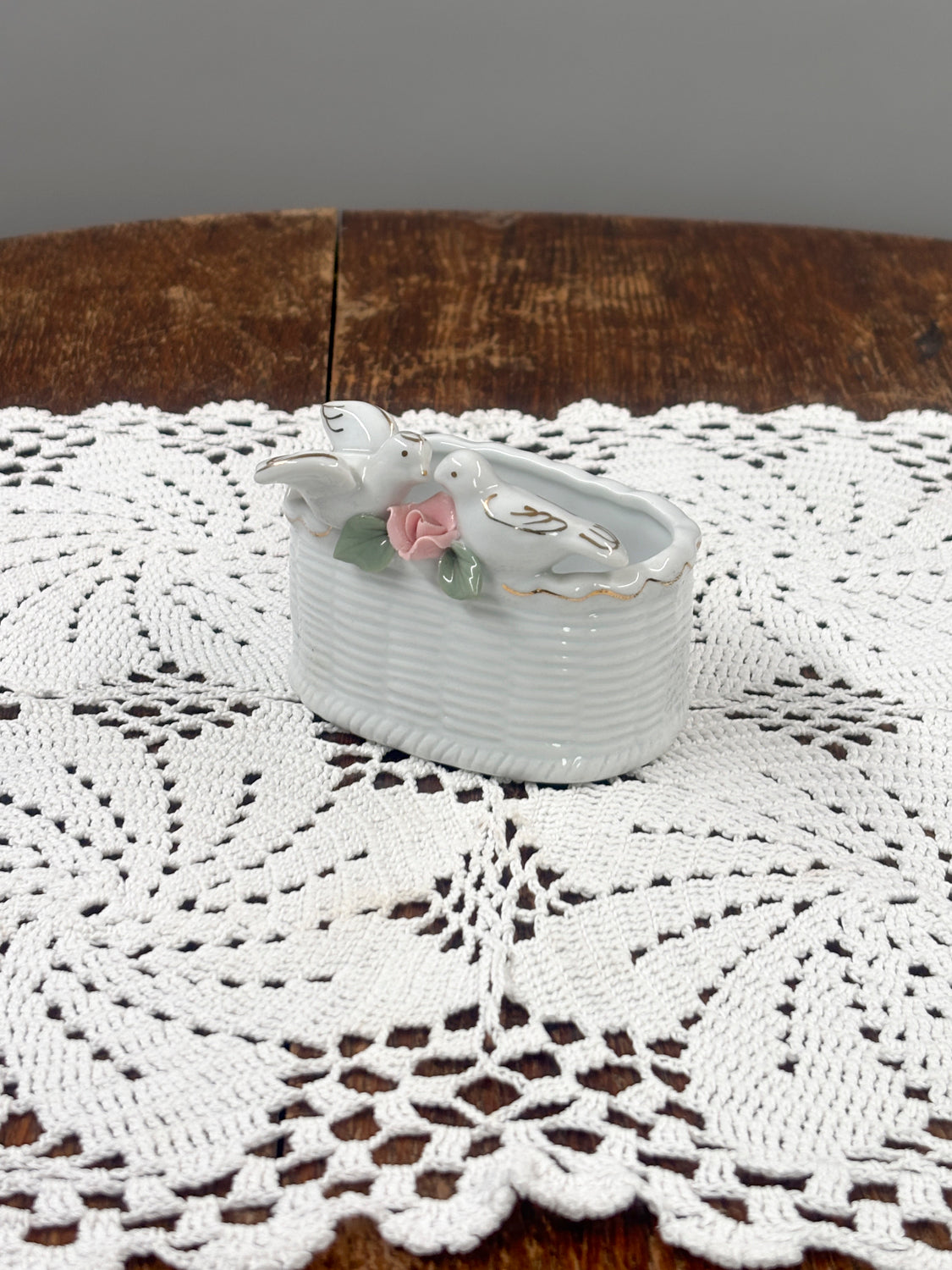 Porcelain trinket holder basket with doves and gold detailing