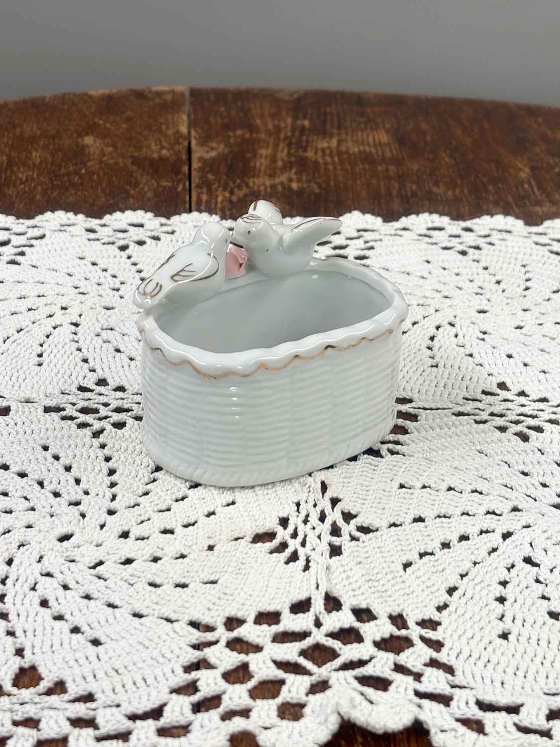 Porcelain trinket holder basket with doves and gold detailing